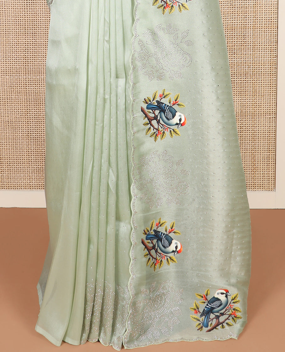 Green micro stone work designer saree with scallop stone work border of sparrow motifs digital print, and pallu of micro-stone work