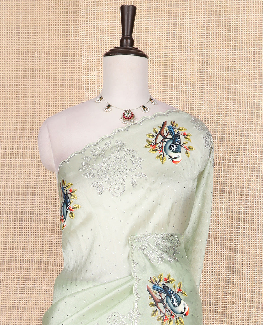 Green micro stone work designer saree with scallop stone work border of sparrow motifs digital print, and pallu of micro-stone work