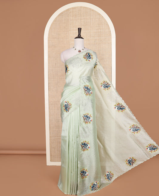 Green micro stone work designer saree with scallop stone work border of sparrow motifs digital print, and pallu of micro-stone work
