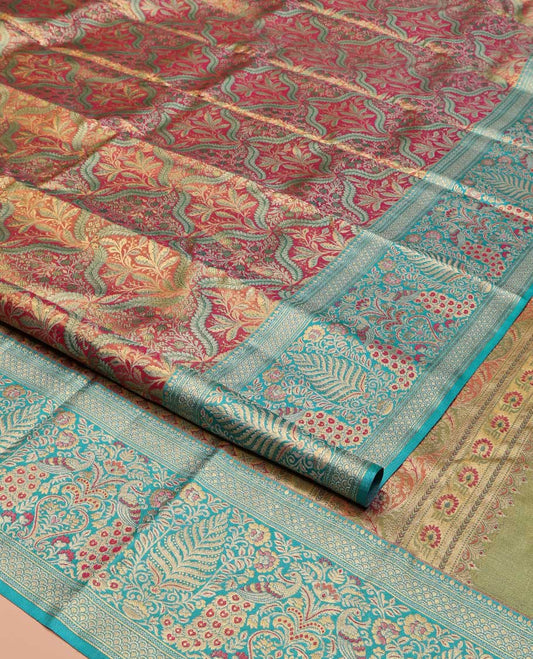 Wine Kanchipuram Tissue Silk Saree, Meticulously Crafted with Jacquard Design On Its Body, Complemented by Meenakari Border of Peacocks, Grand Jaal Pallu and Paired with a Contrast Blouse