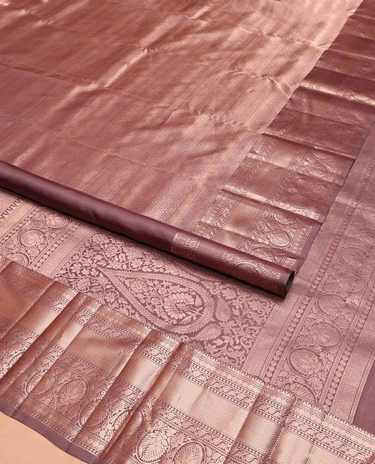 Rosewood Pink Kanchipuram Wedding Silk Saree, Embellished with Jacquard Design on Its Body, Highlighted by Zari Border of Rekku, Muthu, Rudraksham, Mayil Kann, and Kodi Visiry Designs, Grandly Decked up Pallu, and Paired with a Matching Blouse