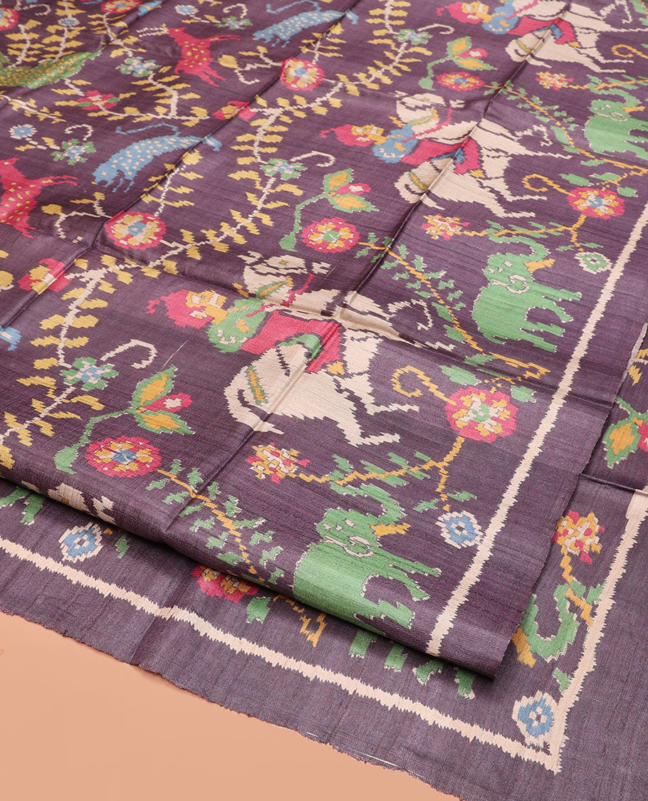 Grey Tussar Silk Saree, Impeccably Styled with Ikat-Style Flora, Fauna, and Human Figurines, a Subtle Self-Border, Self-Printed Pallu, and a Matching Blouse
