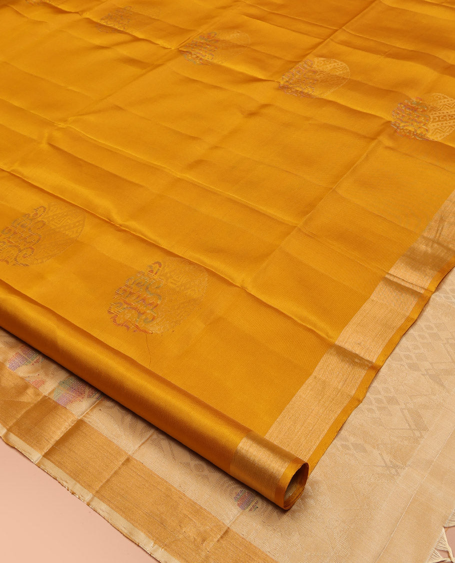 Yellow Mayuri Lite Silk Mix Saree, Sparsely Woven with Zari Buttas, Highlighted by Zari Bavanji Border, Intricate Pallu, and a Contrast Blouse
