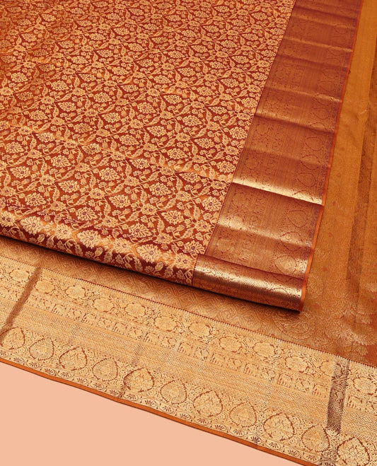 Gold Kanchipuram Wedding Silk Saree, Finely Crafted with Jacquard Designs on Its Body, Highlighted by a Zari Border of Thilakam, Kodi Visiry, Mayil, Yaanai, Jaal, and Lavangam Designs, Grand Ogee Patterned Pallu, and Paired with a Matching Blouse
