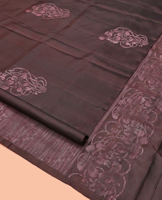 Brown Mayuri Soft Silk Saree, Decked Up with Zari Buttas All Over Its Body, Highlighted by Intricately Designed Pallu and Paired with a Matching Blouse