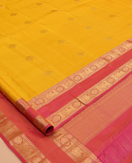 Yellow Buttas Vasundhara Lite Silk Mix Saree, Contrast Rettai Pettu Mayil-Chakram Border, Contrast Blouse