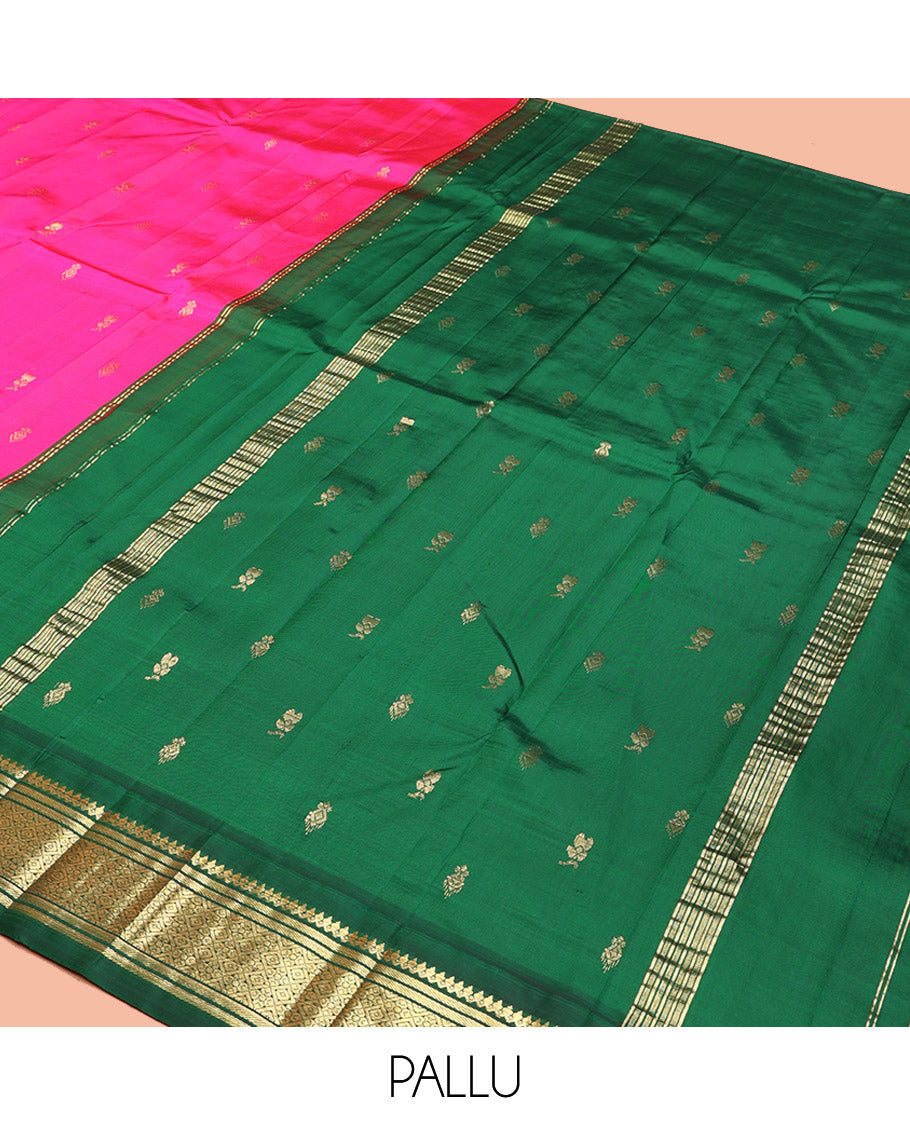 Pink Kanchipuram Silk Saree, Finely Crafted with Zari Buttas, Contrast Korvai Border of Thilakam Mokku, Banaras, and Jaal, Zari Design Pallu, and No Blouse