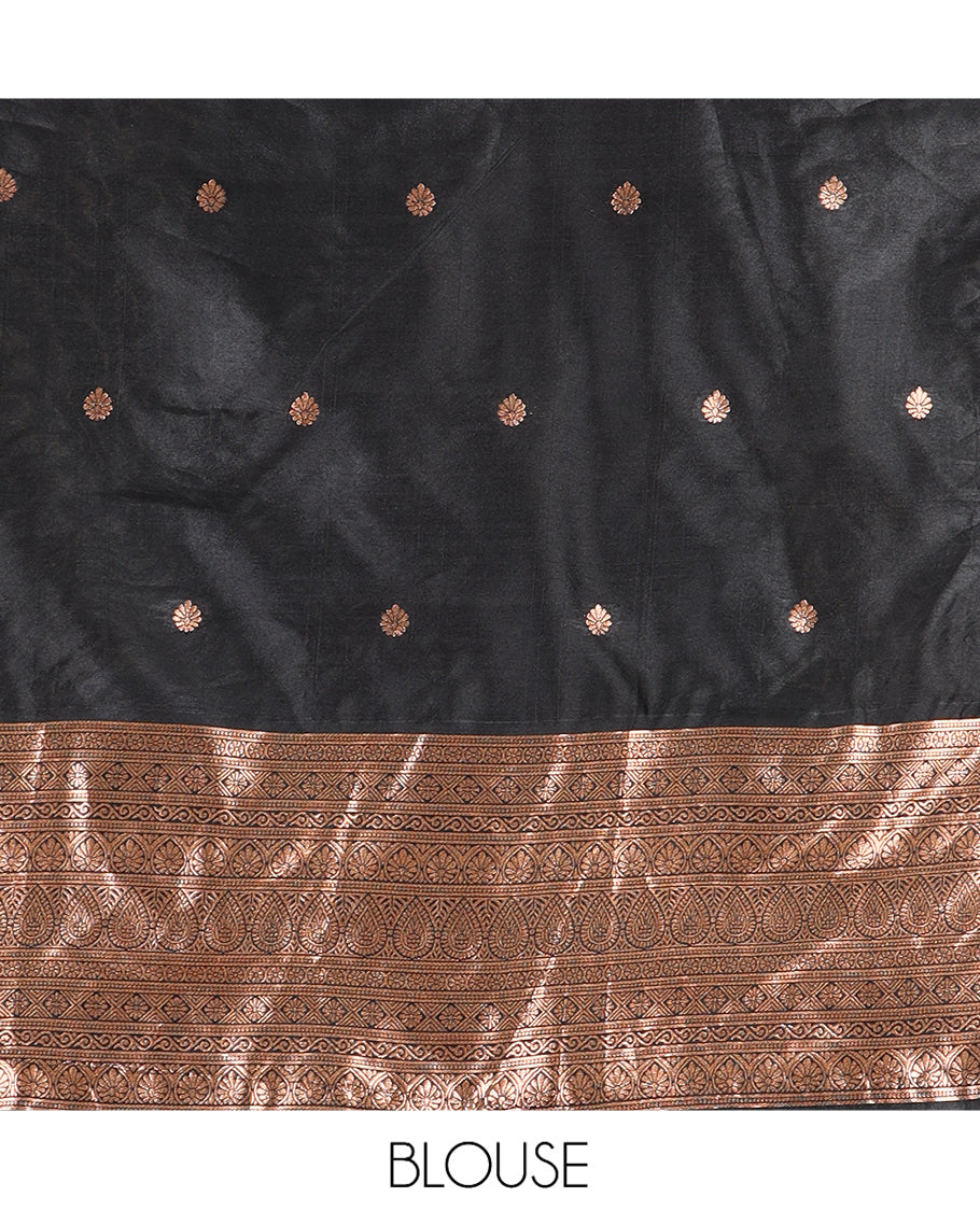 Black Semi-Silk Half-Saree, Enriched with Zari Buttas Skirt, a Matching Blouse, and a Zari Design Dhavani