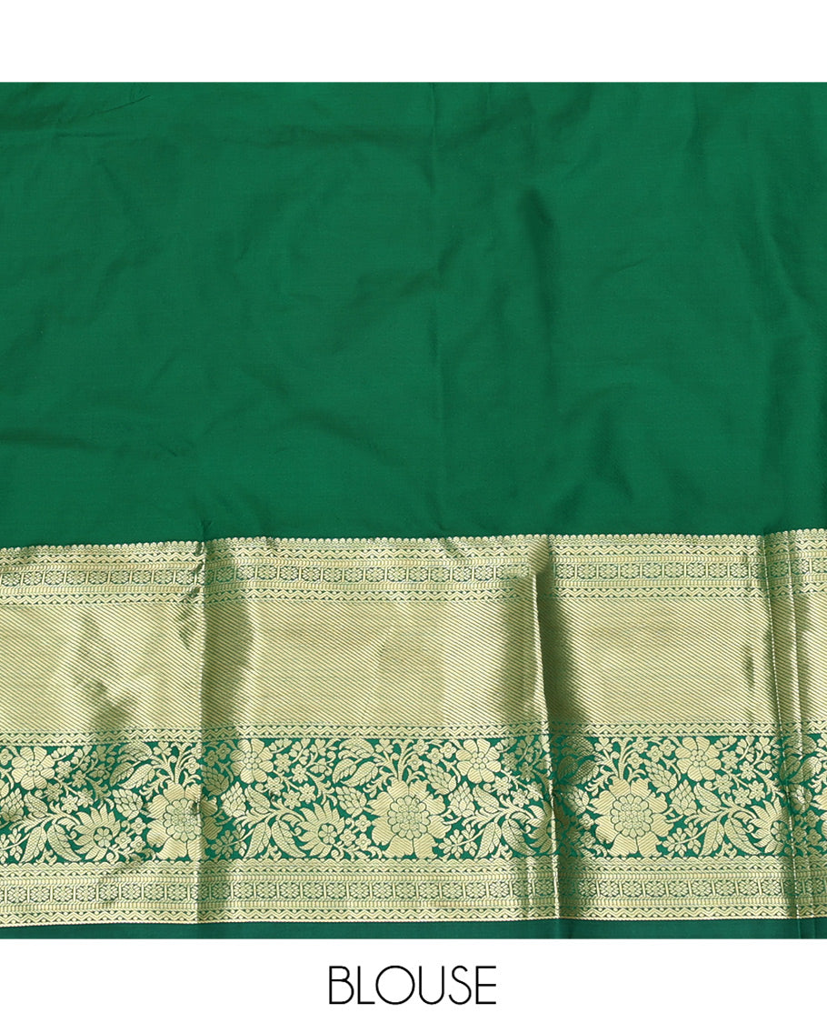 Orange Art Silk Material Half Saree Set, Bedecked with Jacquard Skirt, a Contrast Traditional Zari Border, Contrast Blouse, and an Intricate Dhavani