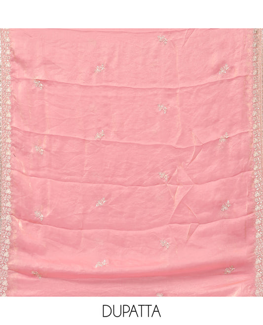 Onion Pink Fendy Organza Material Chudidar Set, Adorned with Neck Embroidered Top, a Santoon Bottom, and a Embroidered Dupatta