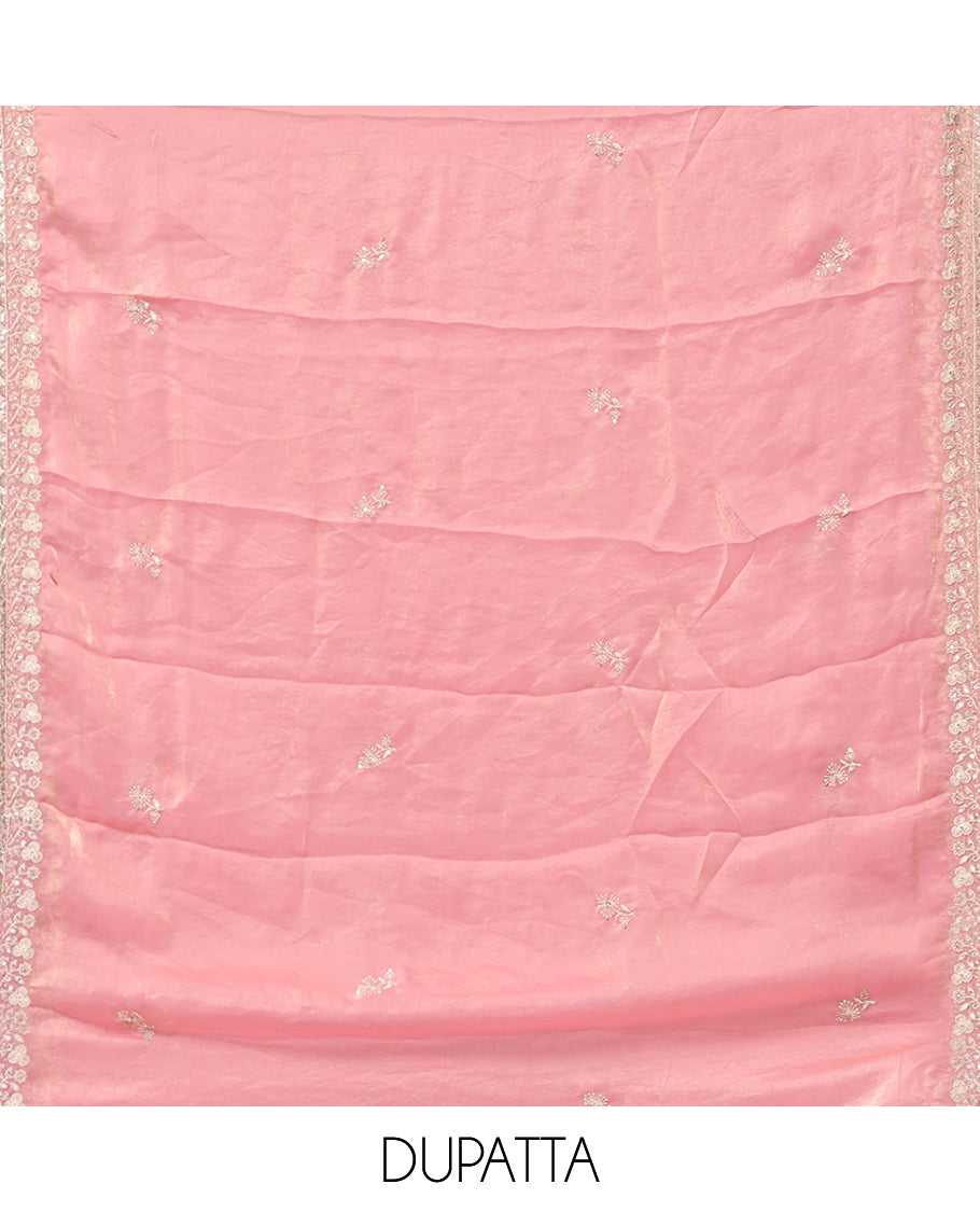 Onion Pink Fendy Organza Material Chudidar Set, Adorned with Neck Embroidered Top, a Santoon Bottom, and a Embroidered Dupatta