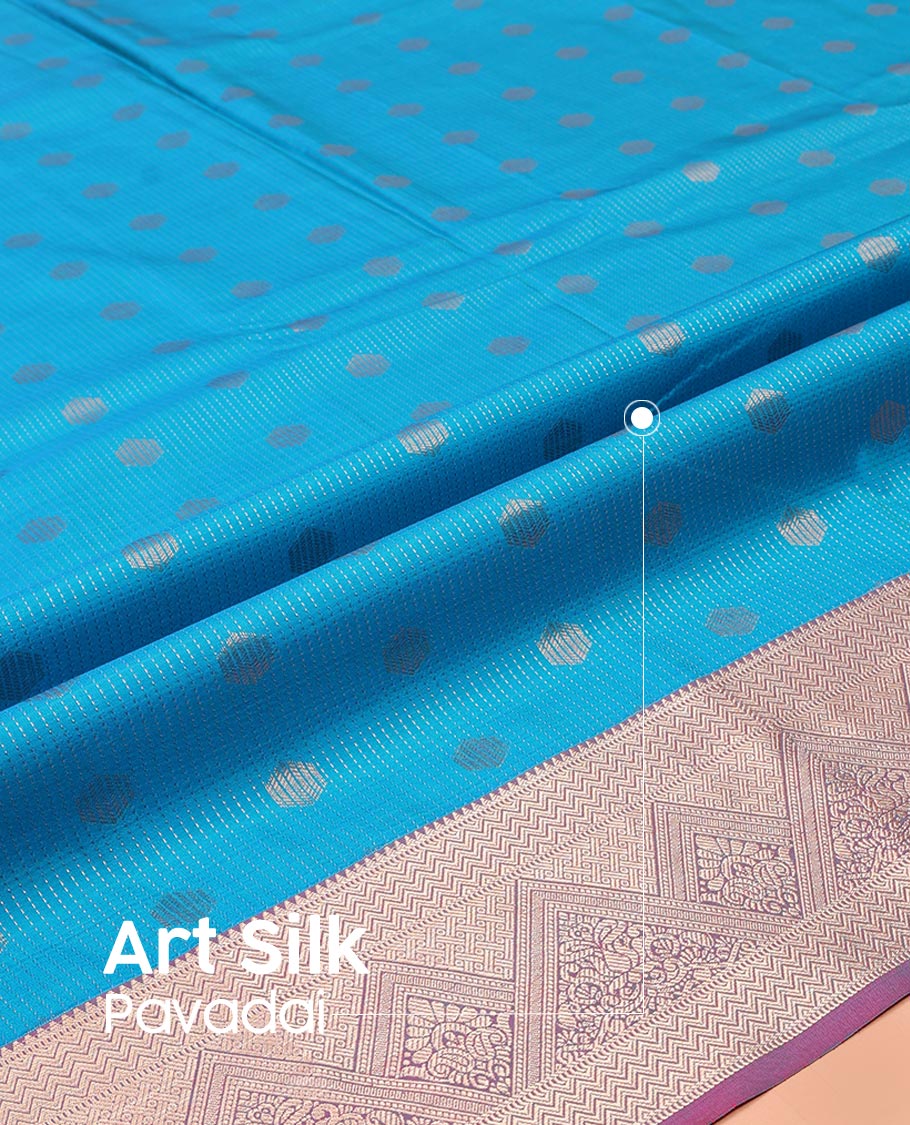 Blue Art Silk Pavadai Material Set, Subtly Enriched with Dotted Stripes and Buttas on Its Skirt, Complemented by a Contrast Traditional Zari Design Border, and Paired with a Contrast Blouse