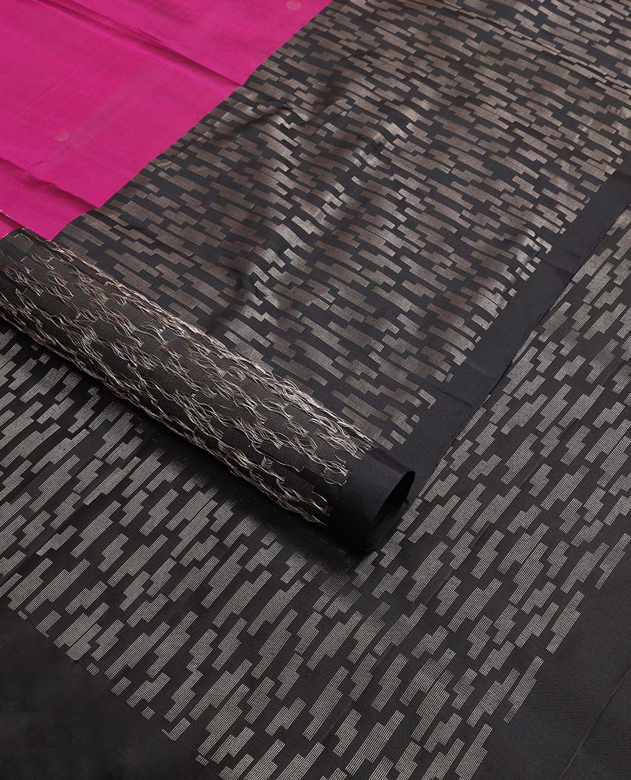 Dark pink motifs mayuri soft silk saree with contrast geometric design border & intricate design pallu