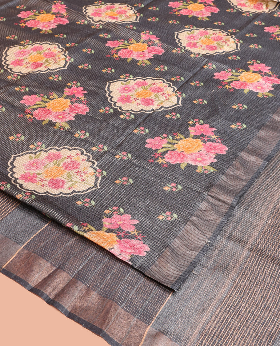 Black Tussar Silk Saree, Colorfully Printed with Floral Motifs, and Sparsely Woven Checks On Its Body, a Subtle Border, Striped Pallu, and Paired with Matching Blouse
