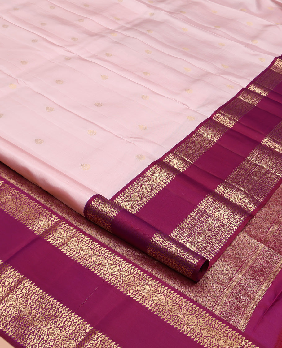 Baby Pink Vasundhara Silk Saree, Subtly Woven with Zari Buttas All Over Its Body, Complemented by Contrast Rettai Pettu Border of Laddu Kamalam Designs, Grand Jaal Pallu and Paired with a Contrast Blouse