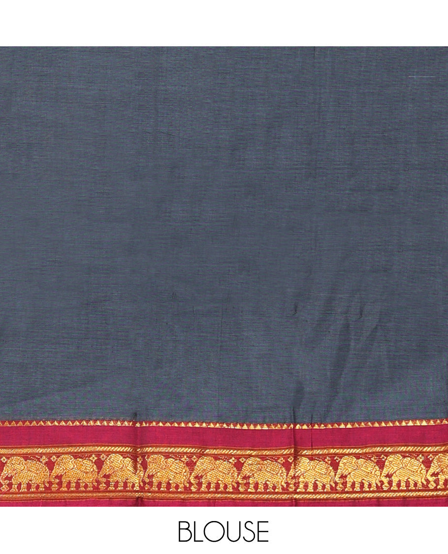 Black Cotton Half-Saree Features Plain Skirt, a Contrast Peacock Border, a Matching Blouse, and a Contrast Peacock Dhavani
