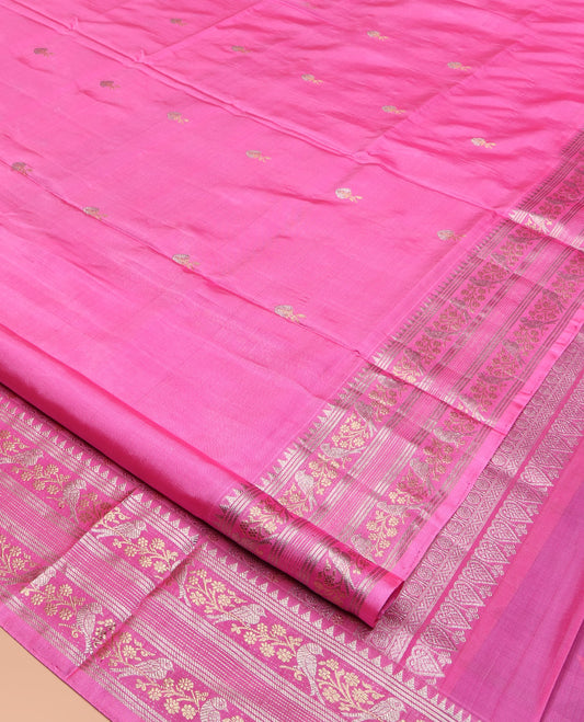 Pink Venkatagiri Silk Saree, Woven with Zari Butta and Chevron Stripes All Over Its Body, Highlighted by a Traditional Zari Border, Pallu of Rudraksham Designs, and Paired with a Matching Blouse