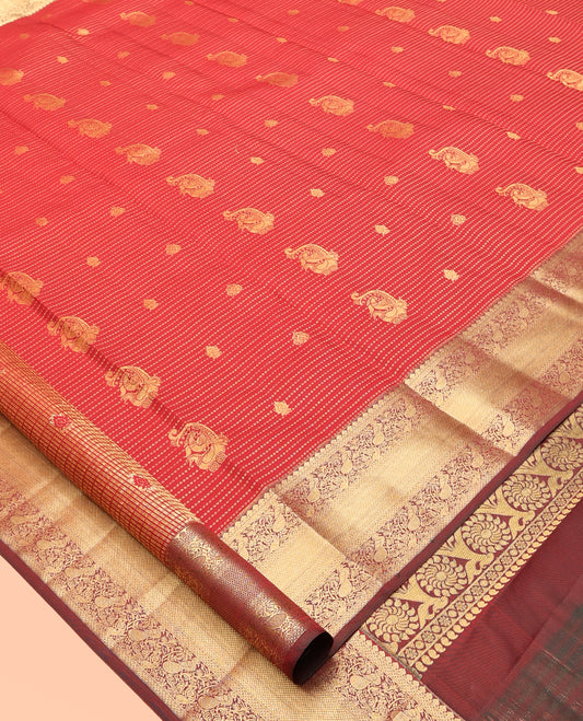 Red Vasundhara Lite Silk Mix Saree, Elevated with Zari Buttas and Muthu Stripes, a Contrast Border of Thilakam Mokku, Ara Maadam, Mayil, and Mayil Kann, Intricate Pallu, and a Contrast Blouse