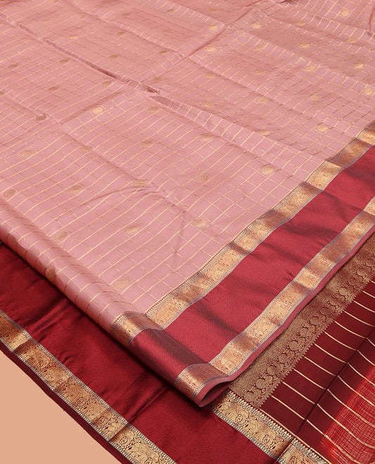 Pink Vasundhara Lite-Silk Mix Saree Featuring Zari Butta Enclosed Checks, a Contrast Border of Rekku, Yaanai, and Muthu Designs, Grand Jaal Pallu, and a Contrast Blouse