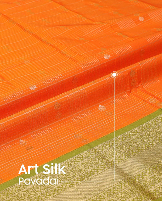 Orange Art Silk Pavadai Material Set Featuring Zari Butta Enclosed Checked Skirt, Complemented by a Contrast Traditional Zari Motifs Woven Border, and Paired with a Contrast Blouse