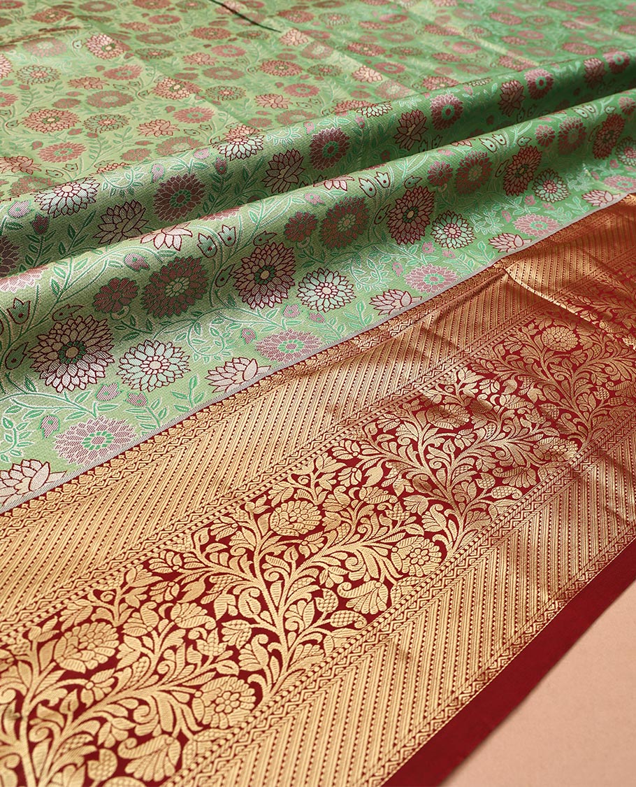 Green Art Silk Half-Saree, Enthralled with Jacquard Design, Contrast Floral Zari Design Border, Paired with a Contrast Jacquard Blouse, and an Intricate Dhavani