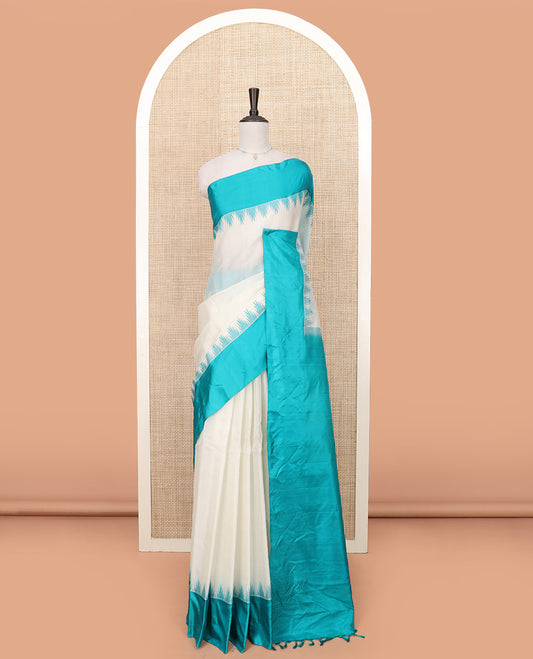 Enthralling White Plain Gadwal Saree Made Spotlighted with Contrast Temple Borders, Plain Pallu, and a Matching Plain Blouse