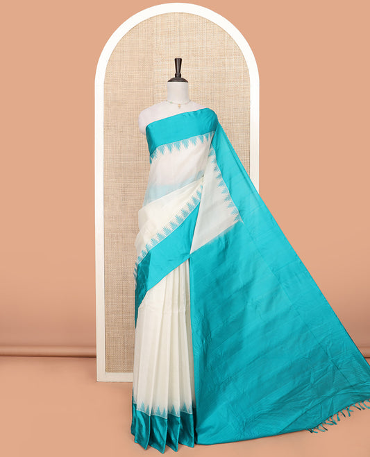 Enthralling White Plain Gadwal Saree Made Spotlighted with Contrast Temple Borders, Plain Pallu, and a Matching Plain Blouse
