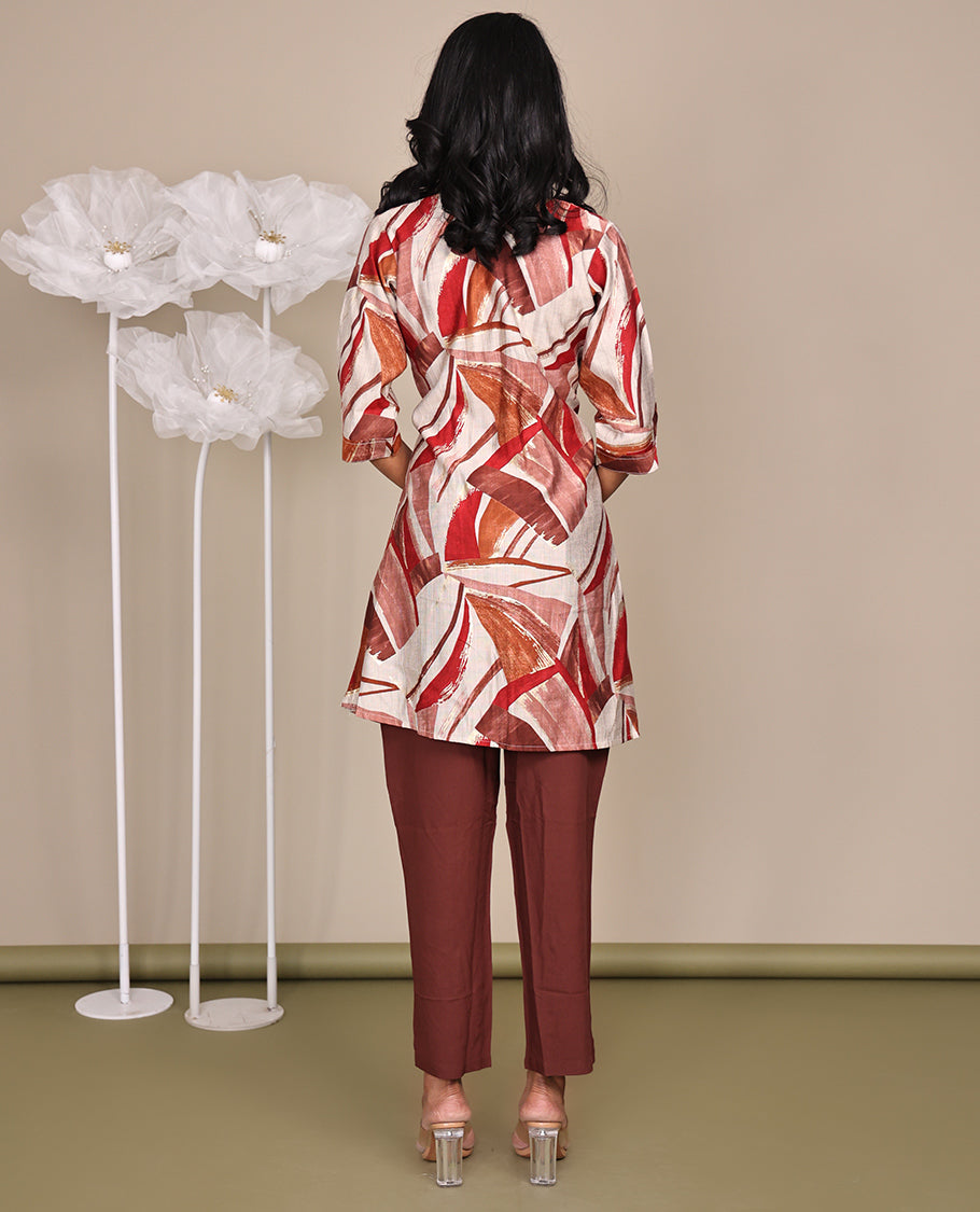 Multi-Colour Abstract-Style Printed Above-The-Knee-Length Short Rayon Kurti, Featuring a Round Neckline, 3/4 Sleeves, and an A-Line Cut