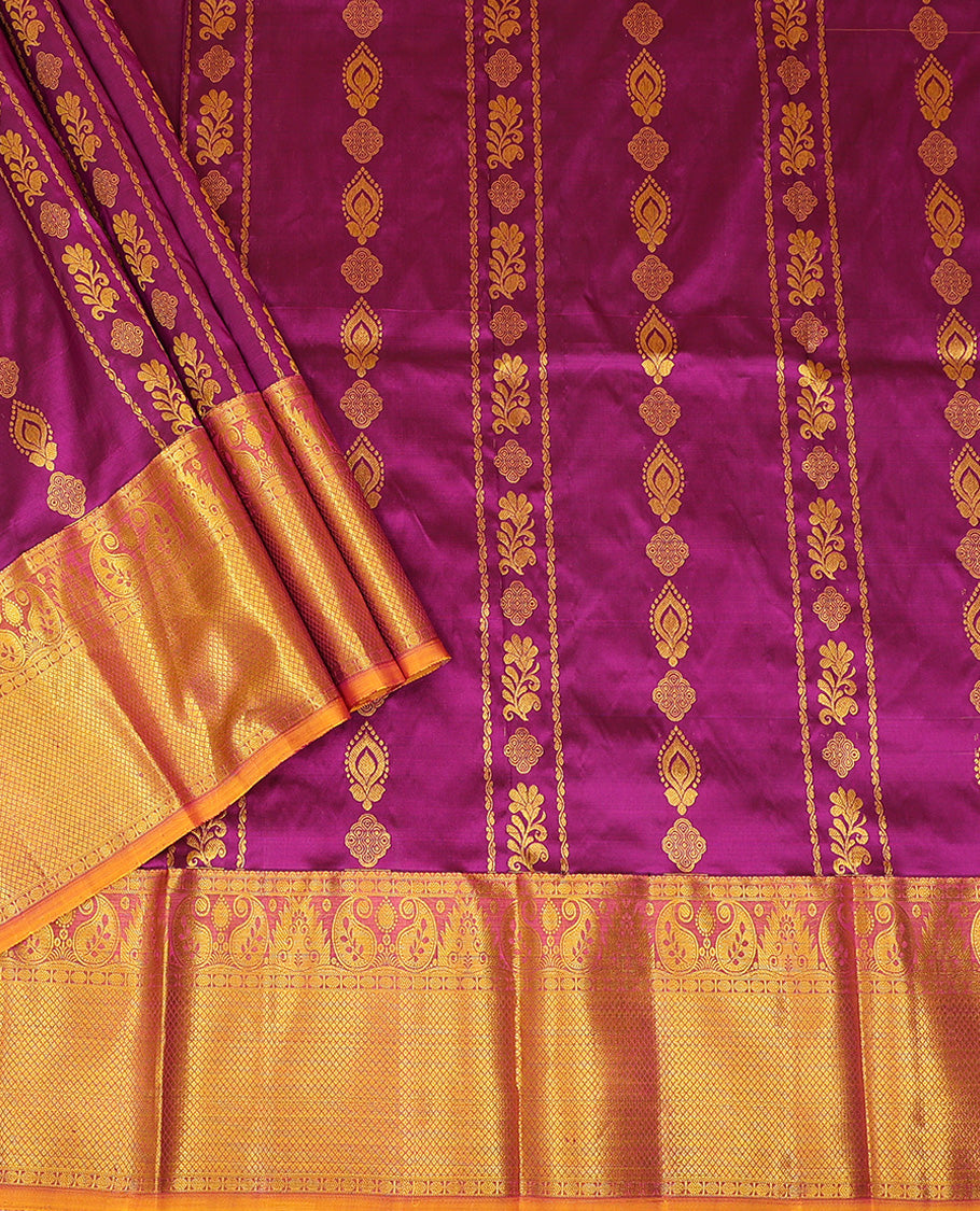 Purple Pure Silk Half-Saree Artfully Detailed with Zari Designs on its Skirt, Complemented by a Contrast Border Featuring Neli, Manga, Rekku, Rudraksham, And Mayil Kann, Comes with a Contrast Blouse and a Dhavani of Anna Chakram Designs