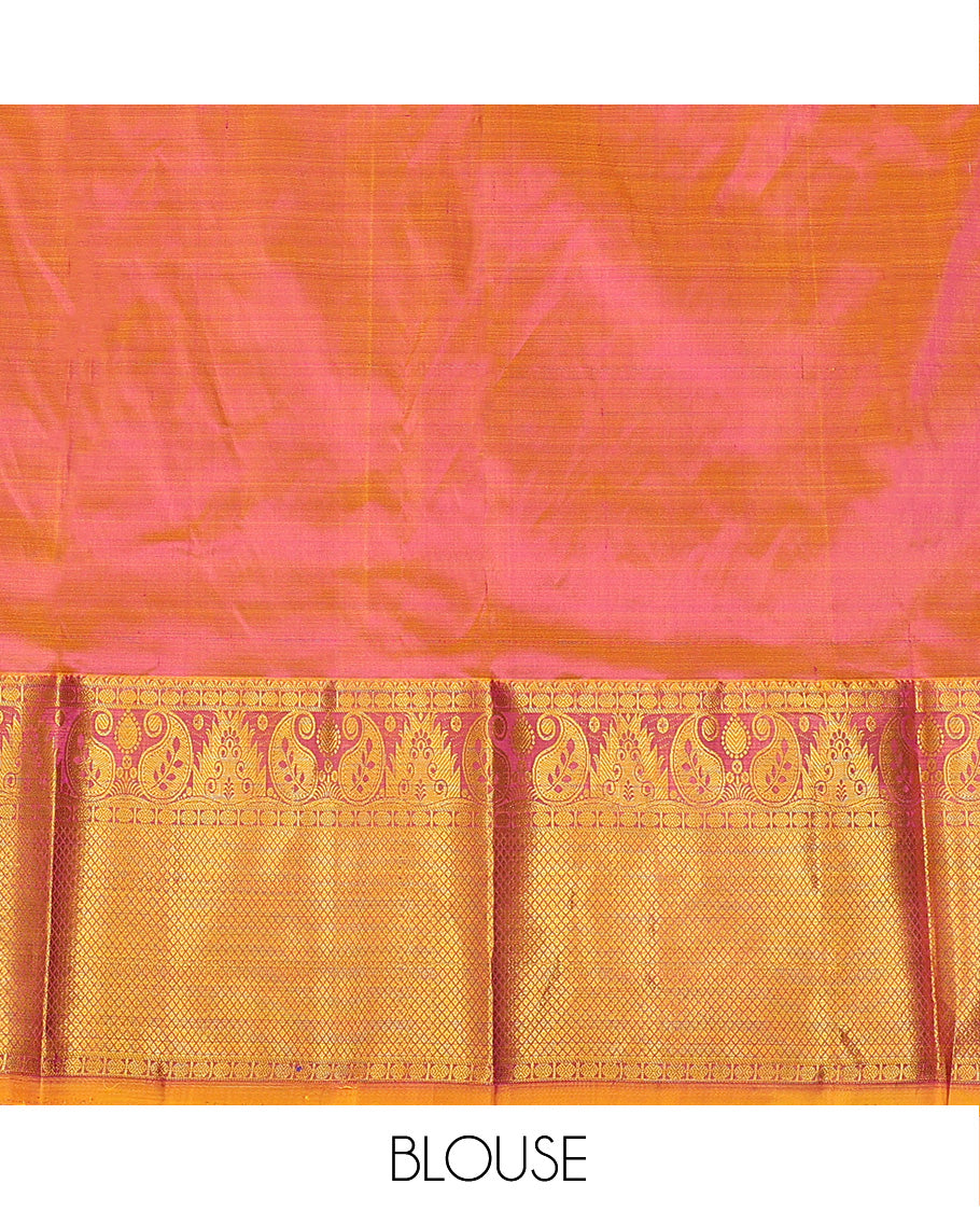 Purple Pure Silk Half-Saree Artfully Detailed with Zari Designs on its Skirt, Complemented by a Contrast Border Featuring Neli, Manga, Rekku, Rudraksham, And Mayil Kann, Comes with a Contrast Blouse and a Dhavani of Anna Chakram Designs