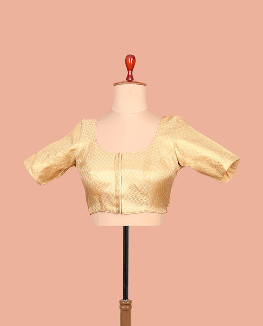 Gold jaal patterned front-back round neck elbow-sleeve readymade blouse
