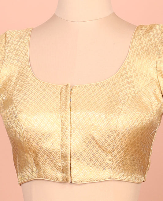 Gold jaal patterned front-back round neck elbow-sleeve readymade blouse