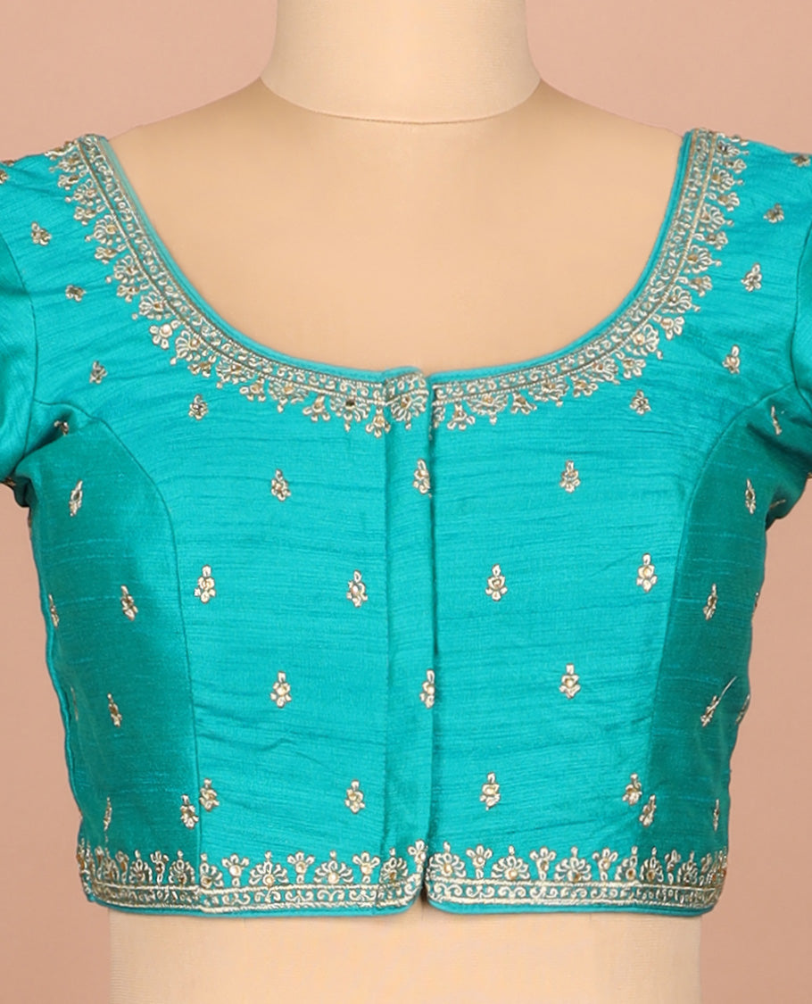 Blue thread embroidered front-and-back round elbow-sleeve readymade blouse