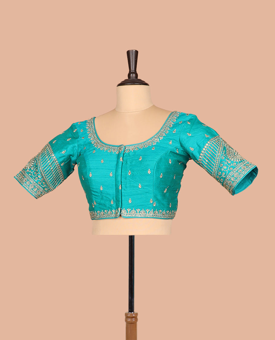 Blue thread embroidered front-and-back round elbow-sleeve readymade blouse
