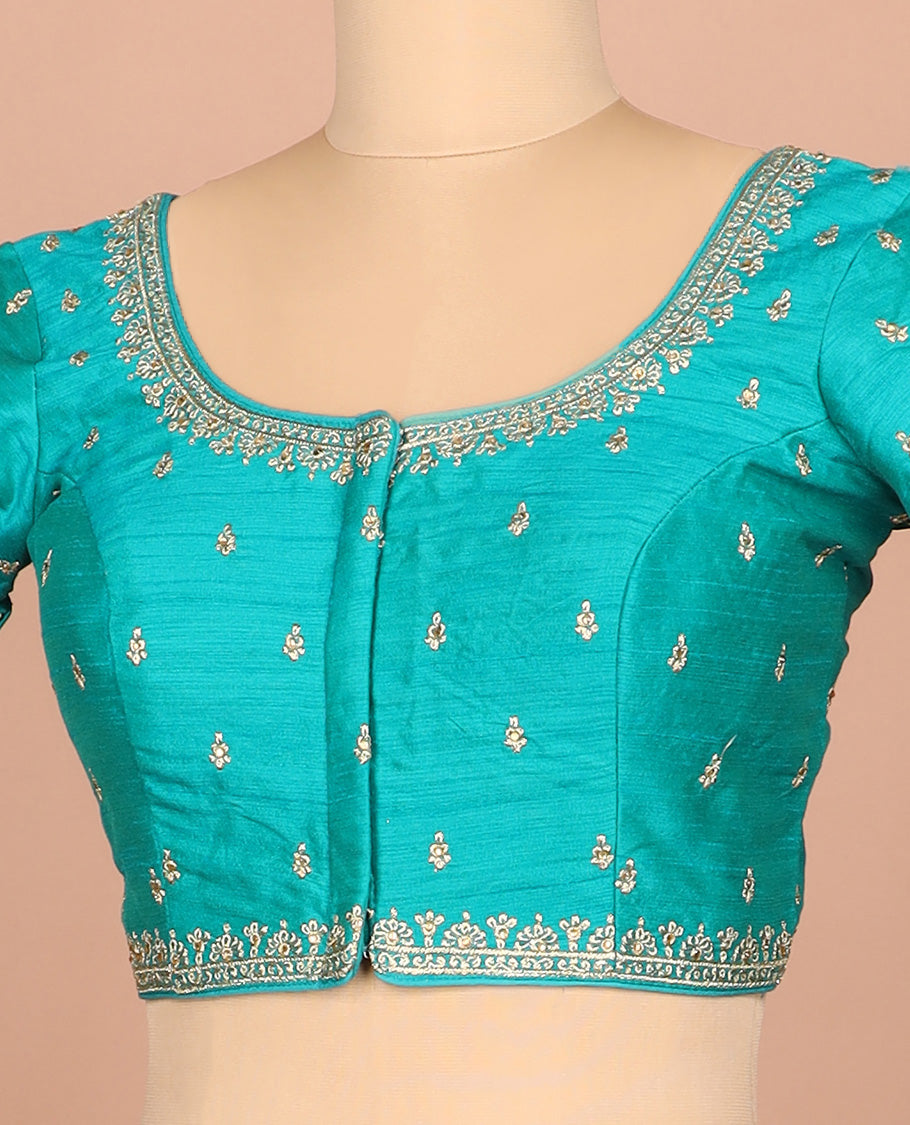 Blue thread embroidered front-and-back round elbow-sleeve readymade blouse