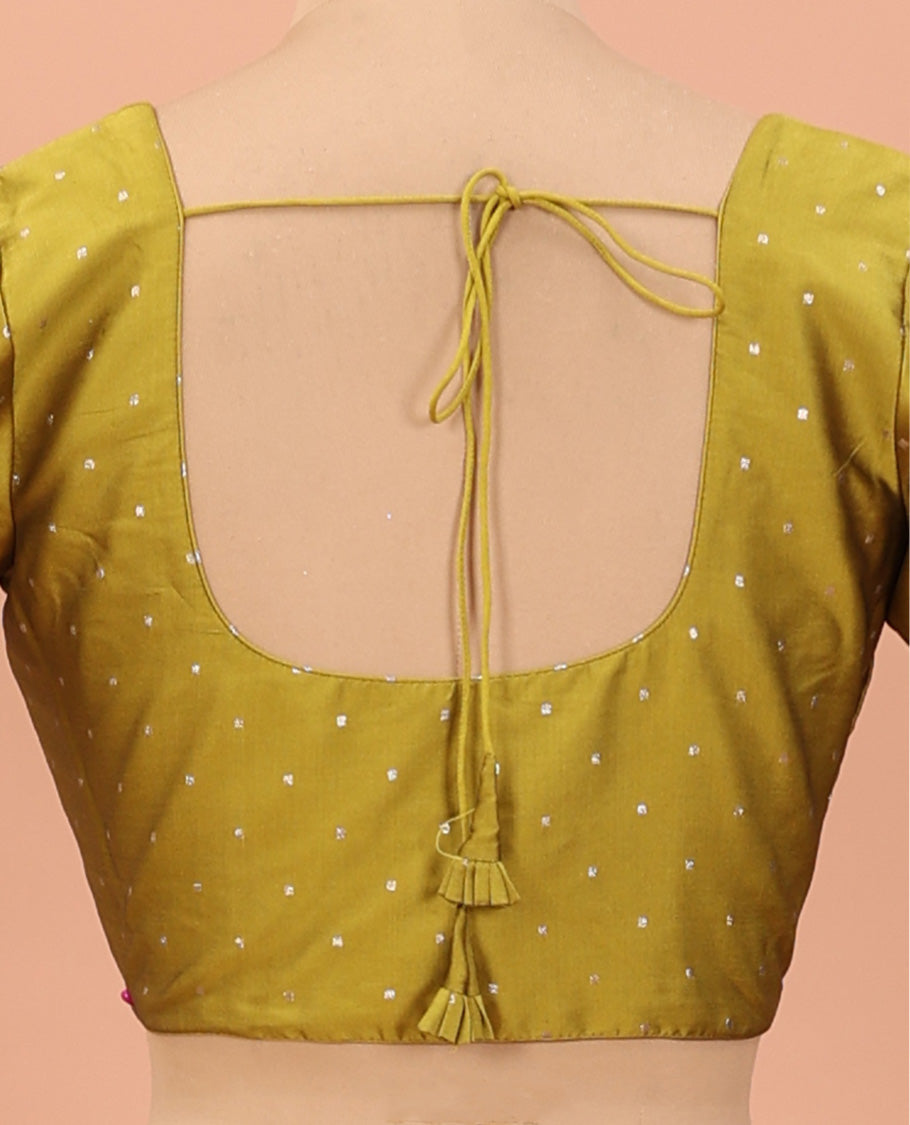 Green buttas front-back round neck elbow sleeve readymade blouse