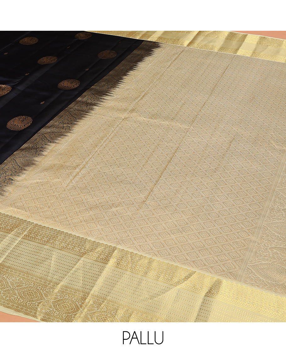 Blue Vasundhara Lite Silk Mix Saree Spotlighted with Round Mayil Buttas, Featuring a Contrast Border of Thilakam Mokku, Paisa, Neli, Banaras, Muthu, and Laddu Kamalam Designs, Zari-Rich Jaal Pallu, and a Contrast Blouse