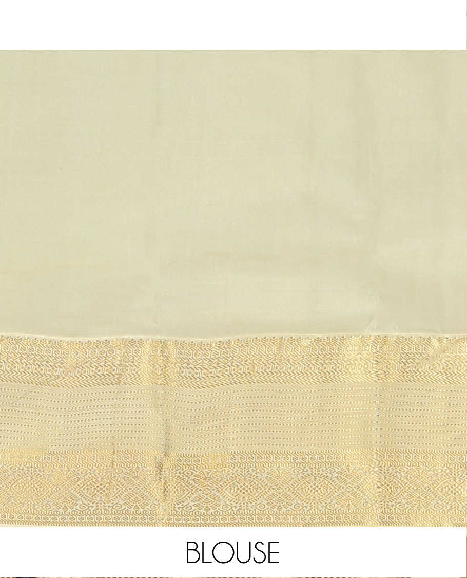 Blue Vasundhara Lite Silk Mix Saree Spotlighted with Round Mayil Buttas, Featuring a Contrast Border of Thilakam Mokku, Paisa, Neli, Banaras, Muthu, and Laddu Kamalam Designs, Zari-Rich Jaal Pallu, and a Contrast Blouse