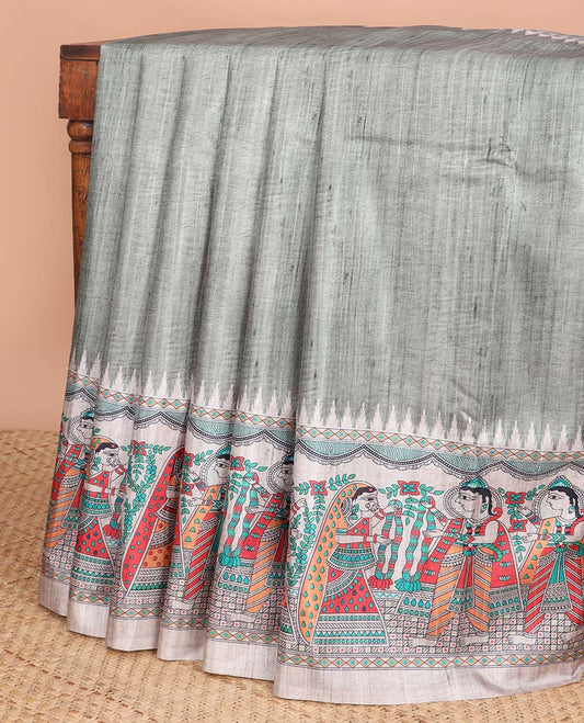Green Semi-Banaras Tussar Saree With Contrast Madhubani Design Border & Floral , madhubani style Pallu