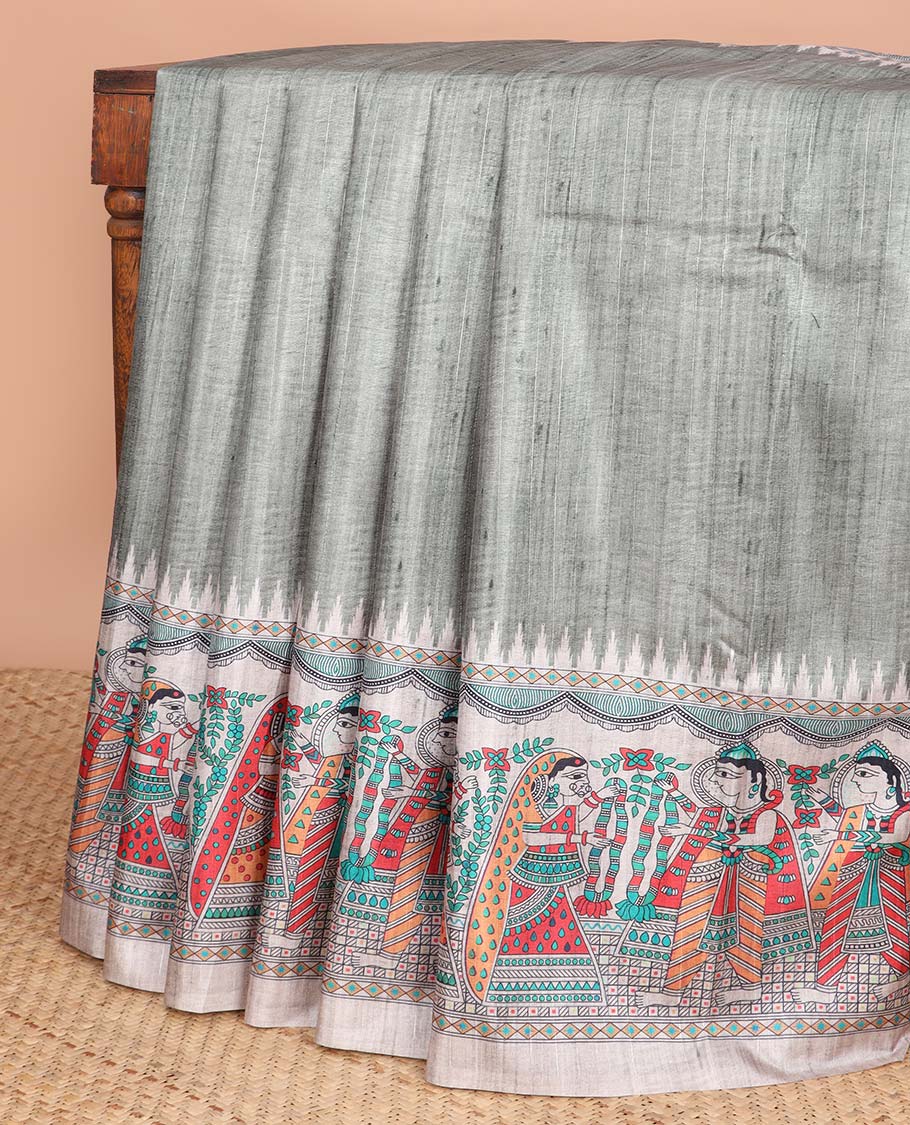 Green Semi-Banaras Tussar Saree With Contrast Madhubani Design Border & Floral , madhubani style Pallu