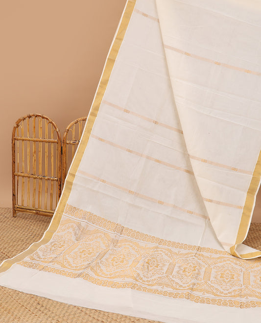 Cream kerala saree with zari stripes, zari border & pallu of intricate designs