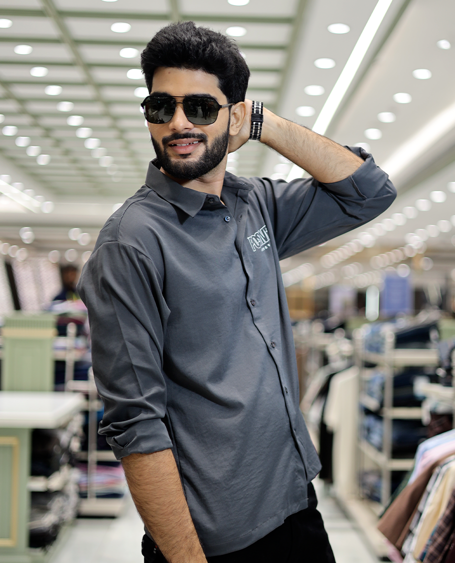 Grey Poly-Blended Back Flap Casual Shirt