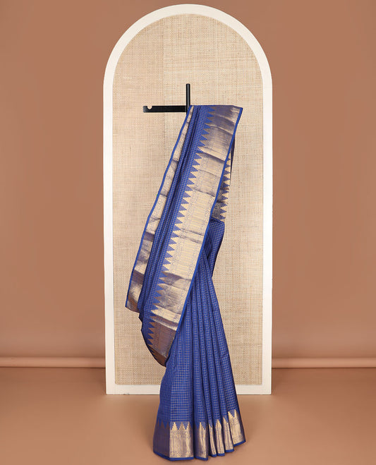 Blue checked vasundhara silk mix saree, jaal pallu & zari border of thazampoo rekku,mayil,annam,yaanai,kathir,neli & kuyil kann
