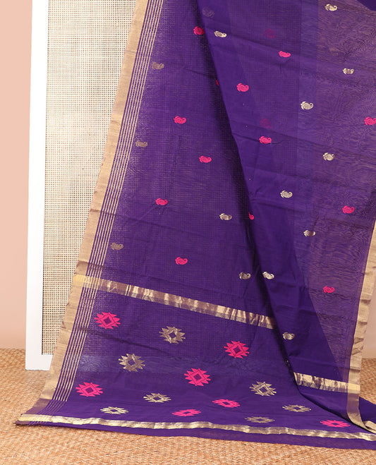 Purple floral, animal motifs chanderi cotton saree with self zari border & geometric design pallu