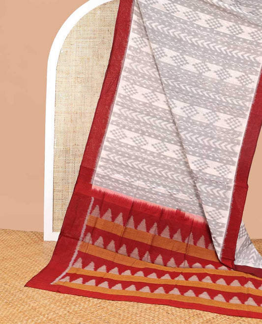 White geometric design ikkat cotton saree with contrast border & geometric design pallu