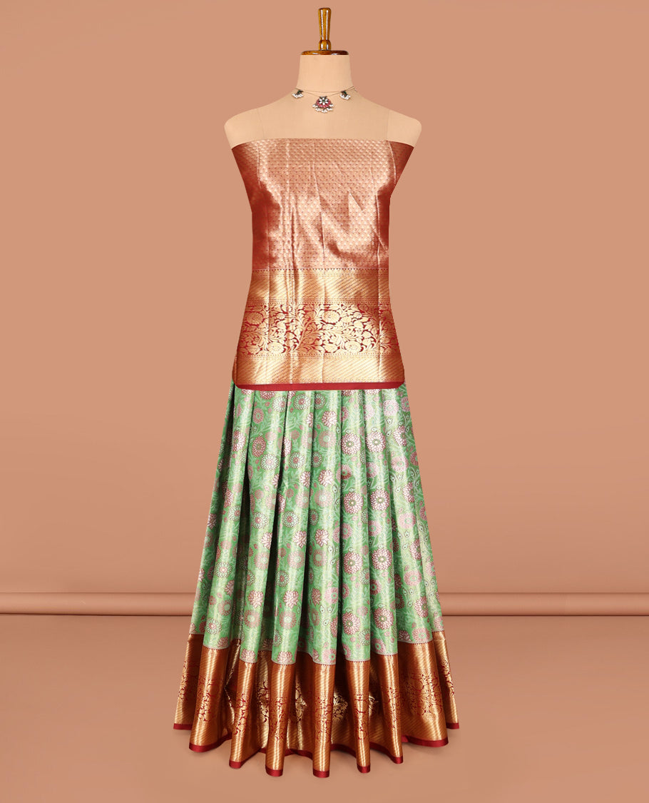 Green Art Silk Half-Saree, Enthralled with Jacquard Design, Contrast Floral Zari Design Border, Paired with a Contrast Jacquard Blouse, and an Intricate Dhavani