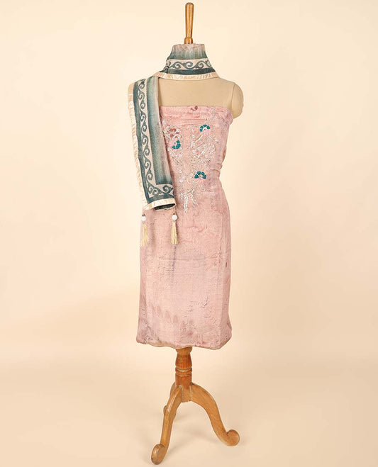 Peach material chudidhar set, floral print & embroidered top, plain bottom & floral printed dupatta