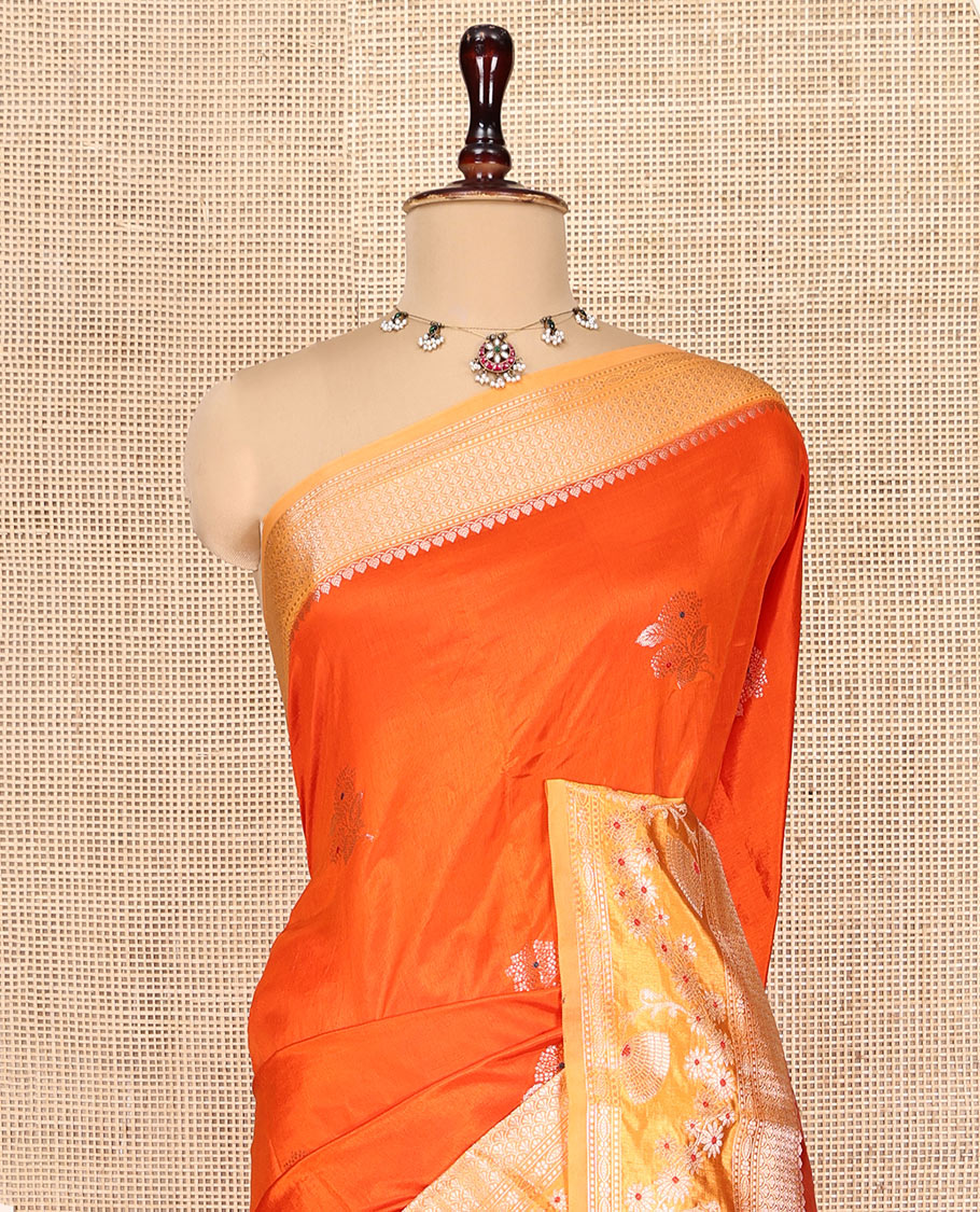 Orange Green-Mango-Silk Saree, Enriched with Floral Zari Buttas All Over Its Body, Complemented by a Contrast Meenakari Zari Traditional Border of Floral Designs, Grand Pallu, and Paired with a Contrast Blouse