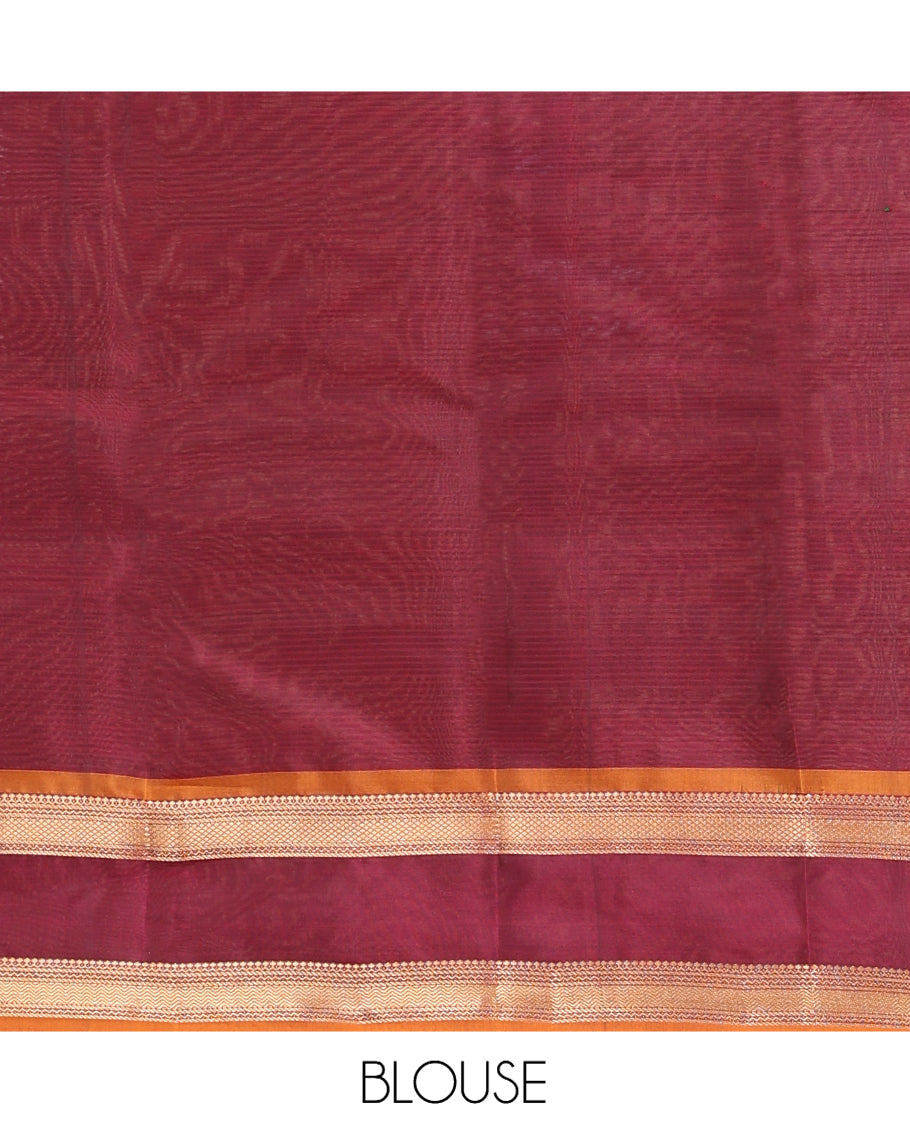 Green Vasundhara Lite Silk Mix Saree Features Mayil Buttas and Stripes, a Contrast Rettai Pettu Border of Salngai, Banaras, Neli, Kuyil, Kann, and Vanki Designs, Mayil Kann Pallu, and a Contrast Blouse
