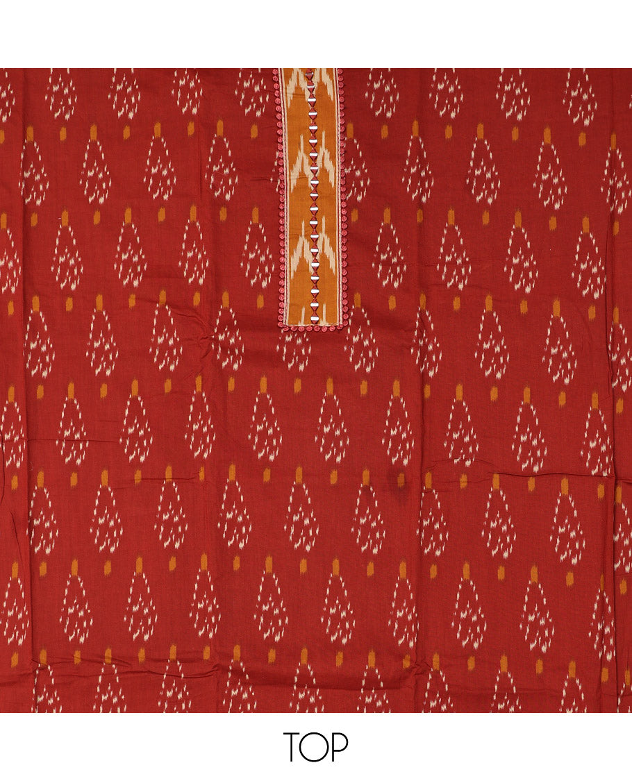Rust Cotton Material Chudidar Set, Subtly Sparkled with Ikkat-Style Buttas on Its Top, a Plain Cotton  Bottom, and Paired with a Cotton Ikkat Woven Dupatta